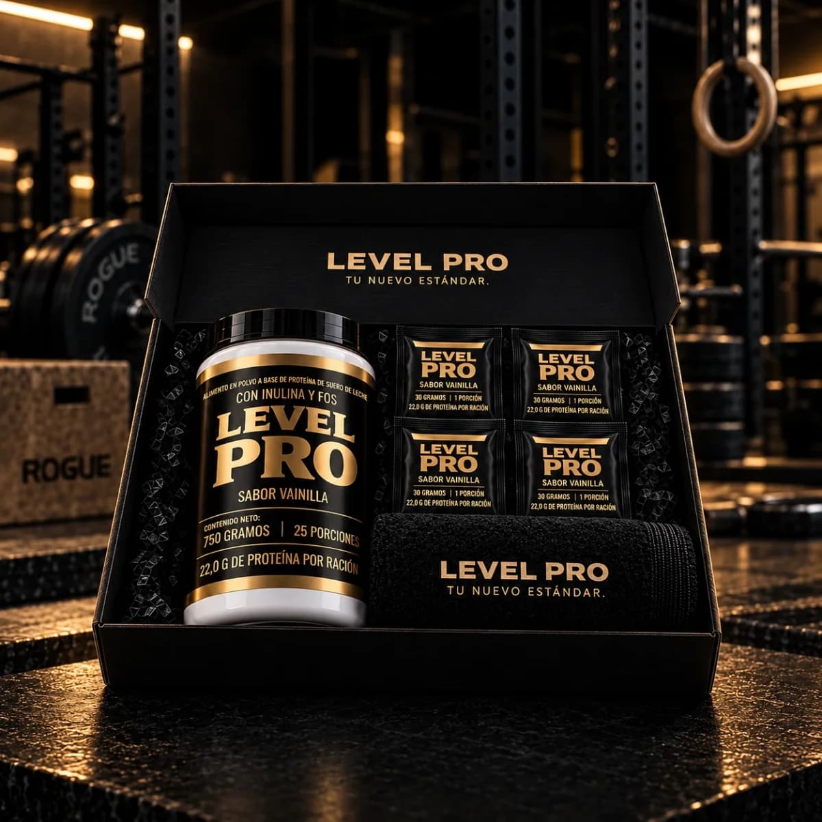 Proteína en Pereira: kit Level Pro en caja negra con el bote sabor vainilla de 750 g, cuatro sobres individuales y una toalla, en un gimnasio